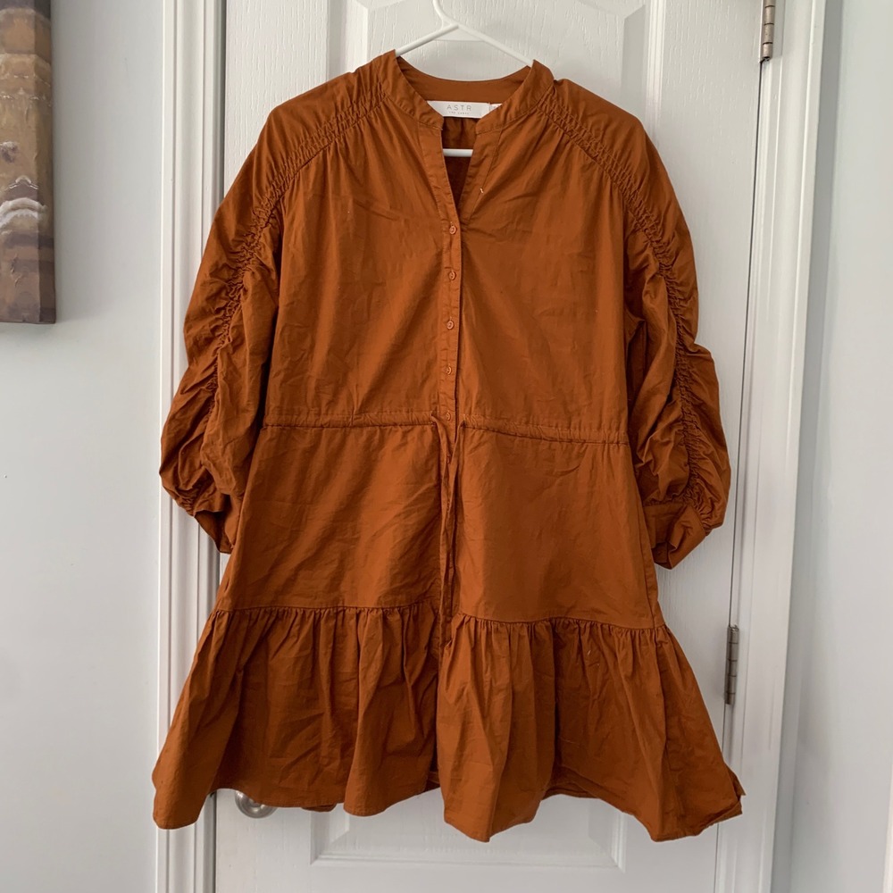 ASTR The Label Rust Orange Ruched Puff Sleeve Tiered Button Front Mini Dress XS